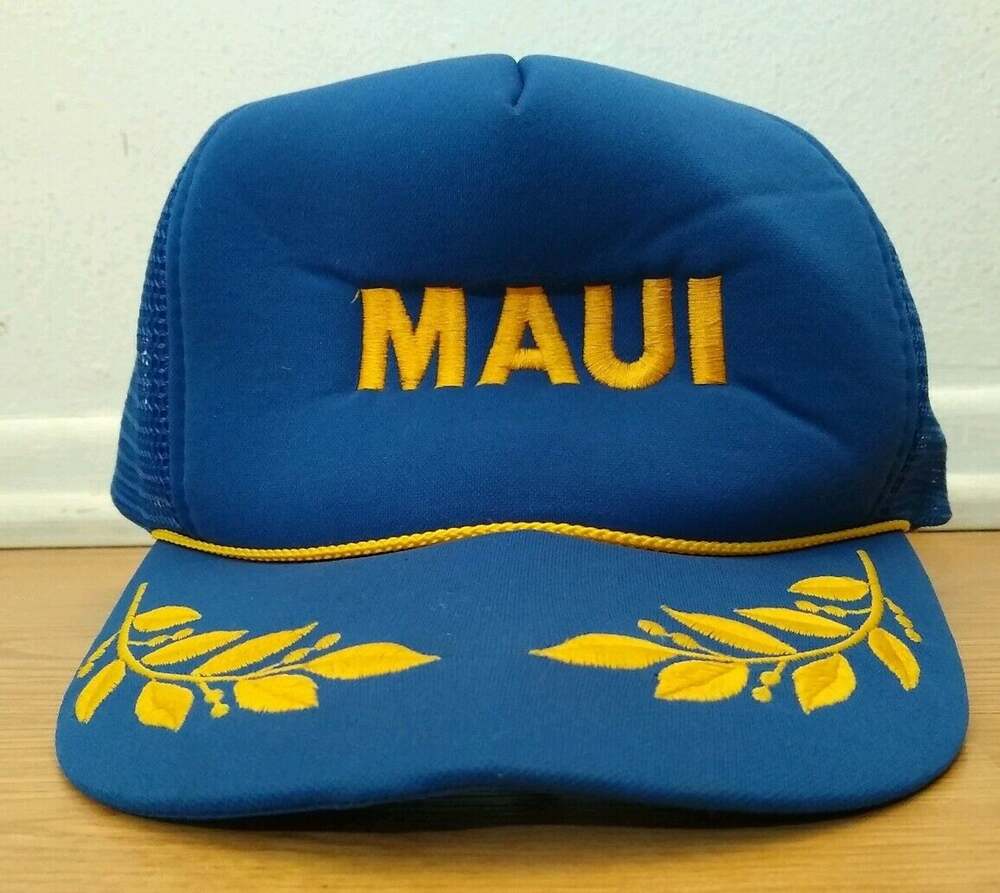 Vintage Maui Hawaii Blue And Yellow Trucker Snap Back Hat Good Leaf